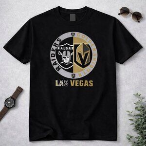 Las Vegas Raiders Golden Knights Split Logo Black NFL NHL Sports Fan Tee
